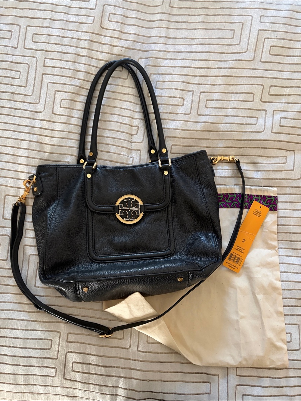 Tory Burch Black Leather Tote with Gold Logo Medallion